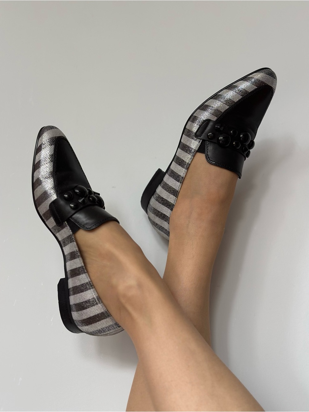 Metallic Leather Loafers Layered Cutout Stripe Pointed Toe Flats